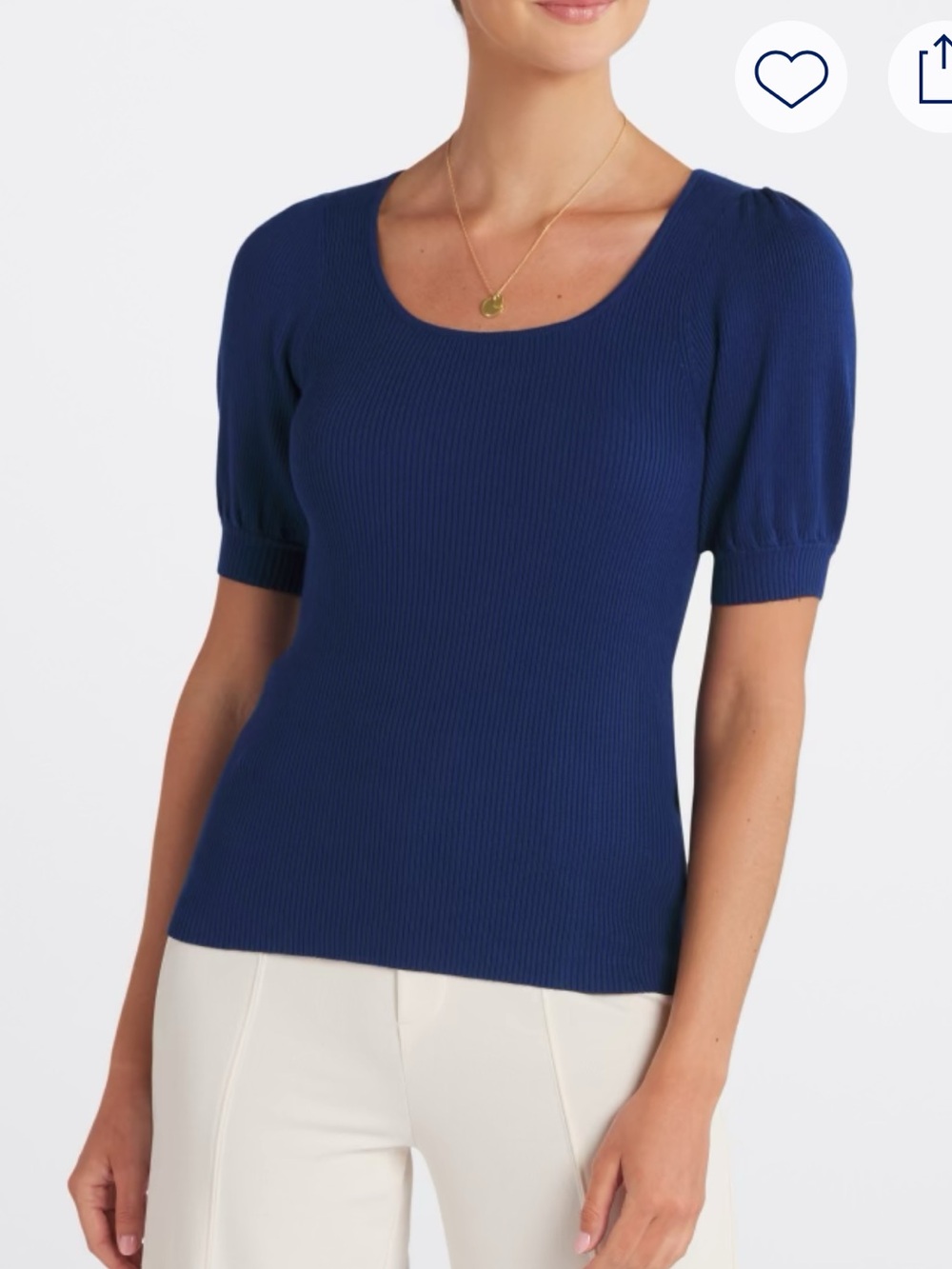 Pink Clover Navy Scoop Neck Ribbed Short Sleeve Sweater